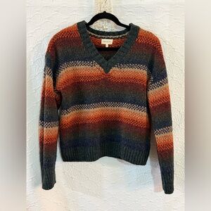 Thread & Supply Multicolor Striped V-Neck Sweater in Green, Rust & Cream